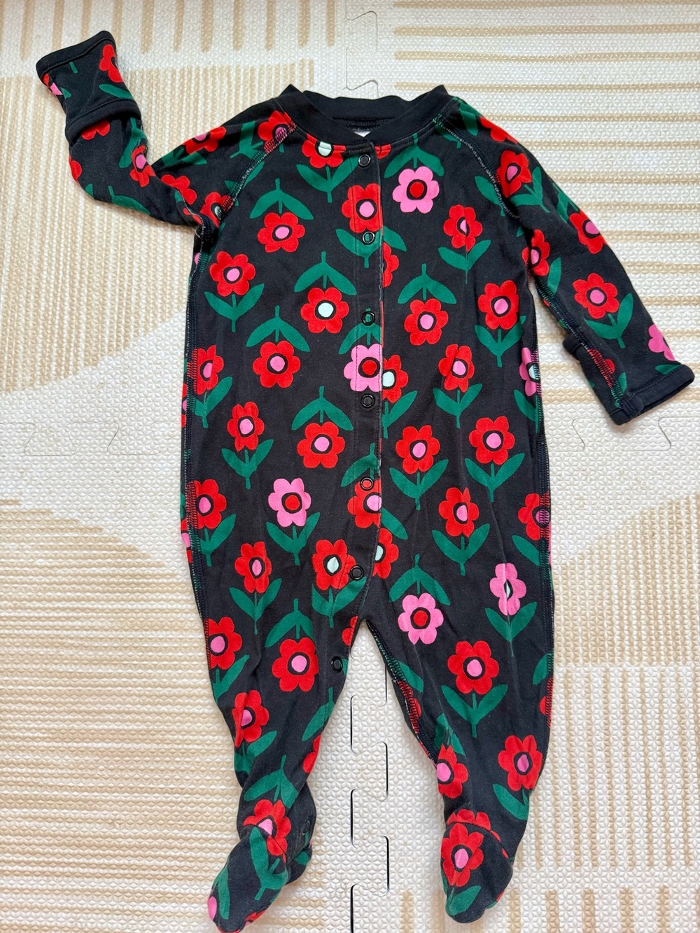 Hanna Andersson Black Footed One-Piece with Red & Pink Floral Print